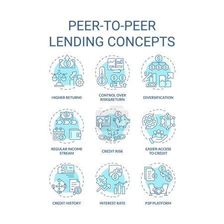 Peer-to-Peer-Kreditvergabe weiche blaue Konzepte Symbole. Kredite aufnehmen und Geld verleihen. Investitionen. Verbinden von Kreditnehmern mit Investoren. Symbolpack. Vektorbilder. Illustrationen in runder Form. Abstrakte Idee