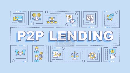 P2P lending blue word concept. Alternative to traditional banking. Typography banner. Flat design. Vector illustration with title text, editable line icons. Ready to use. Arial Black font used
