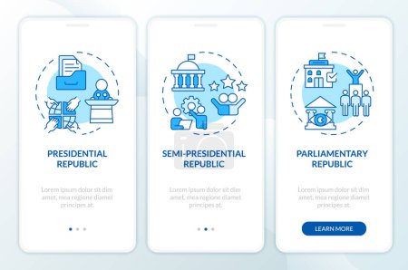 Political structure blue onboarding mobile app screen. Walkthrough 3 steps editable graphic instructions with linear concepts. UI, UX, GUI template. Myriad Pro-Bold, Regular fonts used