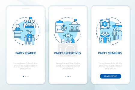 Estructura del partido político azul onboarding pantalla de la aplicación móvil. Recorrido 3 pasos instrucciones gráficas editables con conceptos lineales. UI, UX, plantilla GUI. Myriad Pro-Bold, fuentes regulares utilizadas