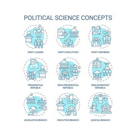 Illustration for Political science soft blue concept icons. Government structure, social politics. Democracy ideology, law regulation. Icon pack. Vector images. Round shape illustrations. Abstract idea - Royalty Free Image