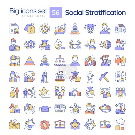 Social stratification RGB color icons set. Class system. Social hierarchy. Economic disparity. Isolated vector illustrations. Simple filled line drawings collection. Editable stroke