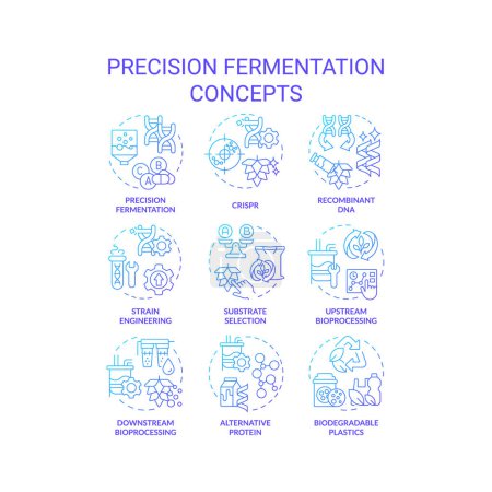 Iconos de concepto de gradiente azul de fermentación de precisión. Modificación genética de alimentos. Selección artificial, biología sintética. Paquete de iconos. Imágenes vectoriales. Ilustraciones en forma redonda. Idea abstracta
