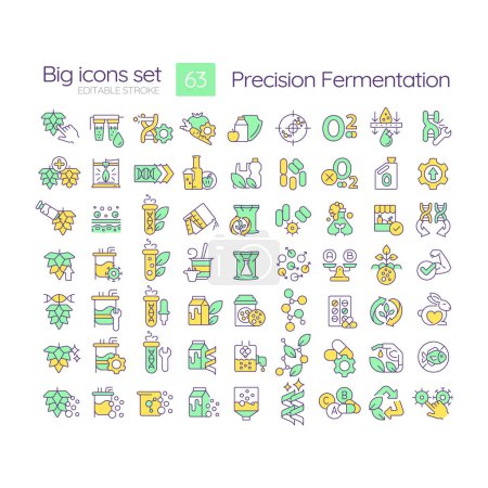 Precision fermentation RGB color icons set. Biotechnological process, bioprocessing. Genetic modification. Isolated vector illustrations. Simple filled line drawings collection. Editable stroke