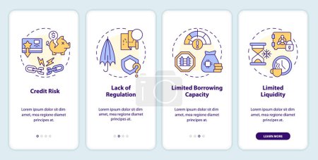 Disadvantages P2P loans onboarding mobile app screen. Lending risks walkthrough 4 steps editable graphic instructions with linear concepts. UI, UX, GUI template. Myriad Pro-Bold, Regular fonts used