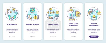 Lending for investors onboarding mobile app screen. P2P platform walkthrough 5 steps editable graphic instructions with linear concepts. UI, UX, GUI template. Myriad Pro-Bold, Regular fonts used