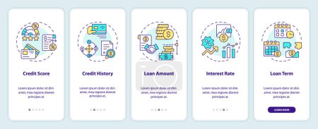 Essential lending elements onboarding mobile app screen. Peer-to-peer walkthrough 5 steps editable graphic instructions with linear concepts. UI, UX, GUI template. Myriad Pro-Bold, Regular fonts used