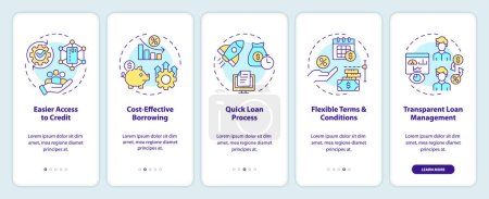 P2P for borrowers onboarding mobile app screen. Lending advantages walkthrough 5 steps editable graphic instructions with linear concepts. UI, UX, GUI template. Myriad Pro-Bold, Regular fonts used