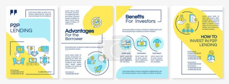 P2P platform blue and yellow brochure template. Money lending. Leaflet design with linear icons. Editable 4 vector layouts for presentation, annual reports. Questrial, Lato-Regular fonts used