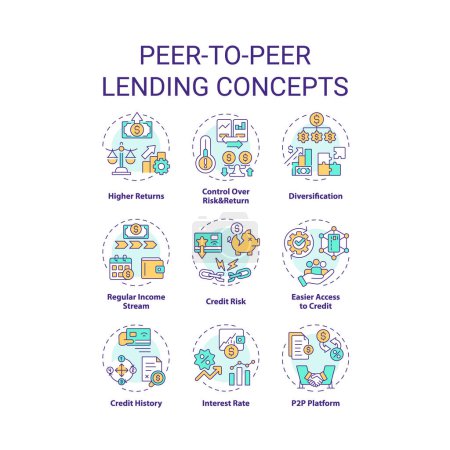 Peer-to-peer préstamos iconos concepto multicolor. Pedir prestado y prestar dinero. Inversión. Conectando prestatarios con inversores. Paquete de iconos. Imágenes vectoriales. Ilustraciones en forma redonda. Idea abstracta