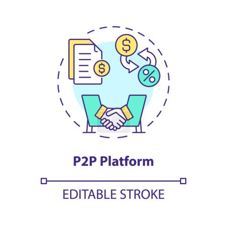 Plataforma P2P icono concepto multicolor. Búsqueda y conexión de prestatarios y prestamistas. Ilustración de línea de forma redonda. Una idea abstracta. Diseño gráfico. Fácil de usar en marketing