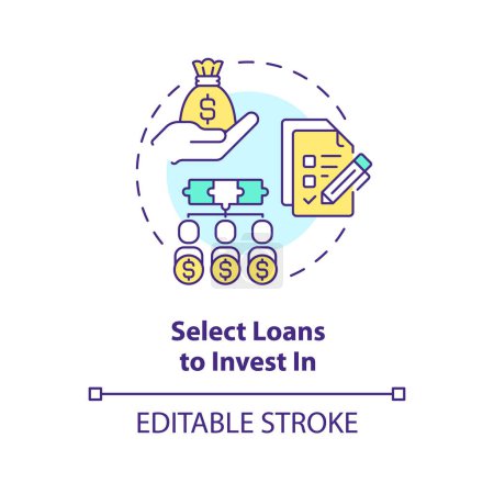 Select loans to invest in multi color concept icon. Choose loans to fund. Peer-to-peer lending. Investment. Round shape line illustration. Abstract idea. Graphic design. Easy to use in marketing
