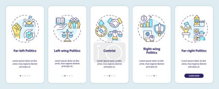 Political polarization onboarding mobile app screen. Walkthrough 5 steps editable graphic instructions with linear concepts. UI, UX, GUI template. Myriad Pro-Bold, Regular fonts used