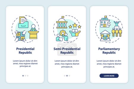 Government structure onboarding mobile app screen. Political system. Walkthrough 3 steps editable graphic instructions with linear concepts. UI, UX, GUI template. Myriad Pro-Bold, Regular fonts used
