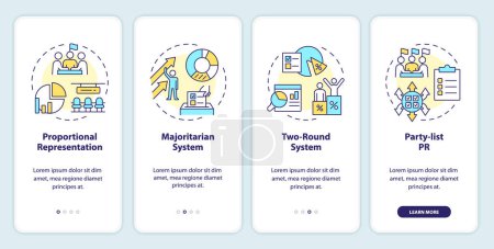 Electoral systems onboarding mobile app screen. Democracy ballots. Walkthrough 4 steps editable graphic instructions with linear concepts. UI, UX, GUI template. Myriad Pro-Bold, Regular fonts used