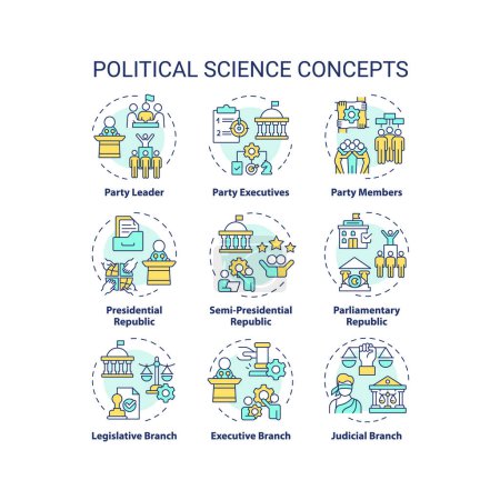 Political science multi color concept icons. Government structure, social politics. Democracy ideology, law regulation. Icon pack. Vector images. Round shape illustrations. Abstract idea