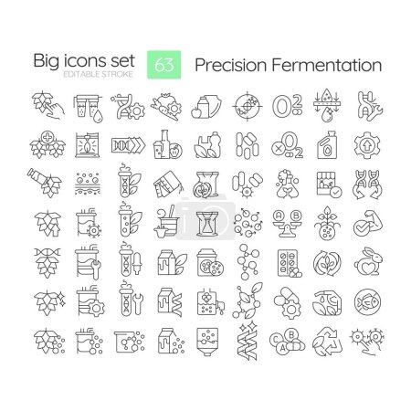 Precision fermentation linear icons set. Dna recombination, bioprocesses. Genetic modification. Crop improvement. Customizable thin line symbols. Isolated vector outline illustrations. Editable stroke