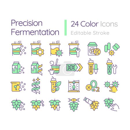 Precision fermentation RGB color icons set. Selective breeding, biotechnological process. Food production. Isolated vector illustrations. Simple filled line drawings collection. Editable stroke