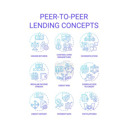 Peer-to-peer préstamos iconos de concepto de gradiente azul. Pedir prestado y prestar dinero. Inversión. Conectando prestatarios con inversores. Paquete de iconos. Imágenes vectoriales. Ilustraciones en forma redonda. Idea abstracta