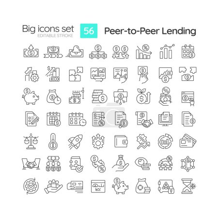 Illustration for Peer-to-peer lending linear icons set. Investment. Obtain loans directly from individuals. Finance. Customizable thin line symbols. Isolated vector outline illustrations. Editable stroke - Royalty Free Image