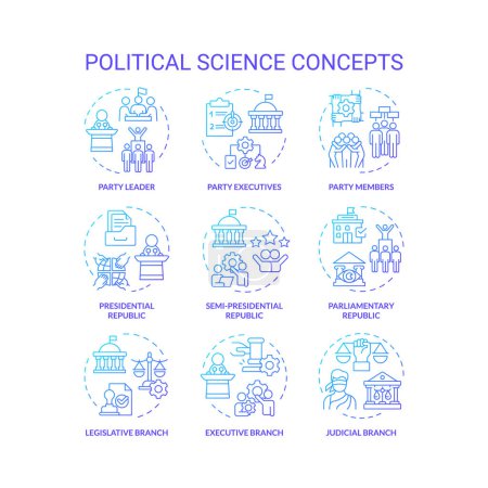 Political science blue gradient concept icons. Government structure, social politics. Democracy ideology, law regulation. Icon pack. Vector images. Round shape illustrations. Abstract idea