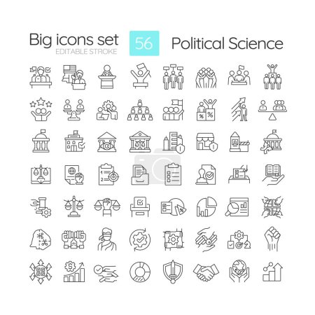 Political science linear icons set. Branch government structure. Social institutions regulation, democracy. Customizable thin line symbols. Isolated vector outline illustrations. Editable stroke