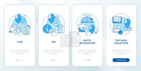 AI text processing blue onboarding mobile app screen. Walkthrough 4 steps editable graphic instructions with linear concepts. UI, UX, GUI template. Myriad Pro-Bold, Regular fonts used
