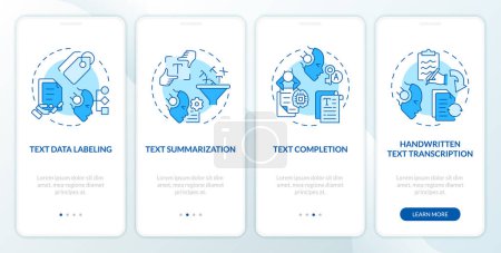 Illustration for Document data analysis onboarding mobile app screen. Walkthrough 4 steps editable graphic instructions with linear concepts. UI, UX, GUI template. Myriad Pro-Bold, Regular fonts used - Royalty Free Image