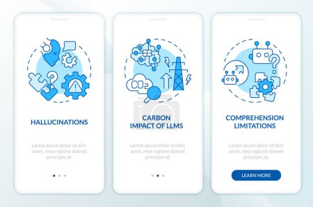Large language models issues onboarding mobile app screen. Walkthrough 3 steps editable graphic instructions with linear concepts. UI, UX, GUI template. Myriad Pro-Bold, Regular fonts used
