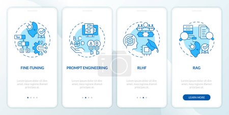 AI tuning methods onboarding mobile app screen. Machine learning. Walkthrough 4 steps editable graphic instructions with linear concepts. UI, UX, GUI template. Myriad Pro-Bold, Regular fonts used
