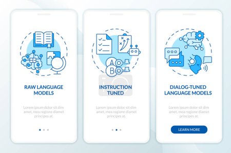 LLM types onboarding mobile app screen. Artificial intelligence. Walkthrough 3 steps editable graphic instructions with linear concepts. UI, UX, GUI template. Myriad Pro-Bold, Regular fonts used