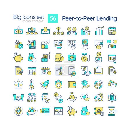 Peer-to-peer préstamos azul conjunto de iconos de color RGB. Inversión. Obtener préstamos directamente de los individuos. Finanzas. Ilustraciones vectoriales aisladas. Colección de dibujos de línea rellenos simples. Carrera editable