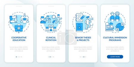 Education types blue onboarding mobile app screen. Activities walkthrough 4 steps editable graphic instructions with linear concepts. UI, UX, GUI template. Myriad Pro-Bold, Regular fonts used