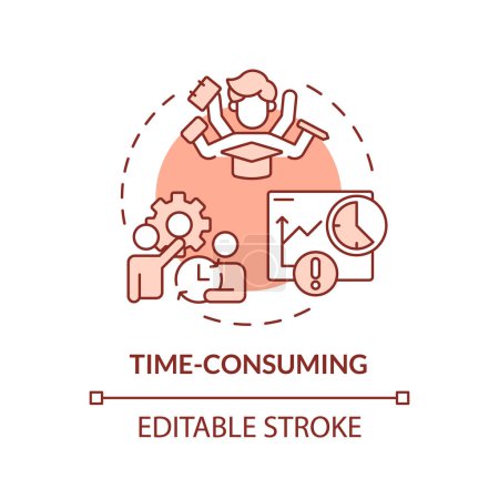 Time-consuming red concept icon. Multitasking. Time limits. More time-consuming tasks. Round shape line illustration. Abstract idea. Graphic design. Easy to use in presentation