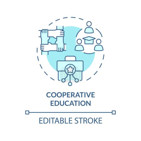 Icono del concepto de educación cooperativa azul suave. Combinar el aprendizaje en el aula con la experiencia laboral práctica. Ilustración de línea de forma redonda. Una idea abstracta. Diseño gráfico. Fácil de usar en presentación