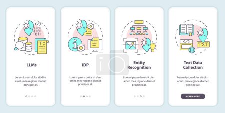 Artificial text processing onboarding mobile app screen. Walkthrough 4 steps editable graphic instructions with linear concepts. UI, UX, GUI template. Myriad Pro-Bold, Regular fonts used