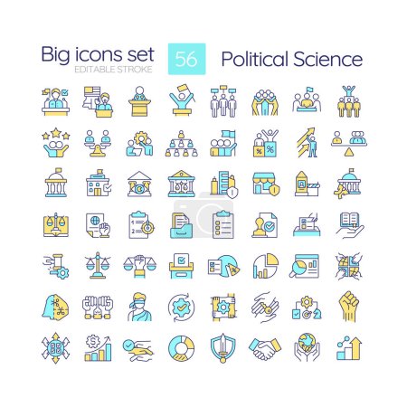 Political science RGB color icons set. Individual rights regulation. Constitution authority, legislation. Isolated vector illustrations. Simple filled line drawings collection. Editable stroke