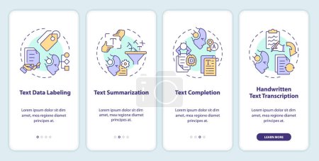 Illustration for Document analysis onboarding mobile app screen. Text processing. Walkthrough 4 steps editable graphic instructions with linear concepts. UI, UX, GUI template. Myriad Pro-Bold, Regular fonts used - Royalty Free Image