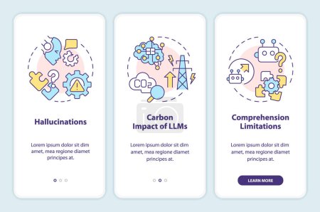 LLM limitations onboarding mobile app screen. Artificial intelligence. Walkthrough 3 steps editable graphic instructions with linear concepts. UI, UX, GUI template. Myriad Pro-Bold, Regular fonts used