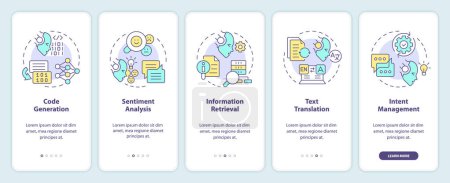 Advanced data applications onboarding mobile app screen. Walkthrough 5 steps editable graphic instructions with linear concepts. UI, UX, GUI template. Myriad Pro-Bold, Regular fonts used