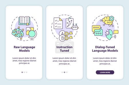 Large language models types onboarding mobile app screen. Walkthrough 3 steps editable graphic instructions with linear concepts. UI, UX, GUI template. Myriad Pro-Bold, Regular fonts used