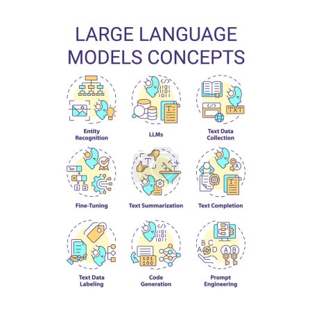 Large language models multi color concept icons. Virtual assistance, machine learning. Icon pack. Vector images. Round shape illustrations for infographic, presentation. Abstract idea