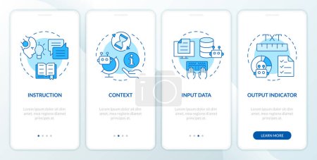 Prompt key elements blue onboarding mobile app screen. Walkthrough 4 steps editable graphic instructions with linear concepts. UI, UX, GUI template. Myriad Pro-Bold, Regular fonts used 