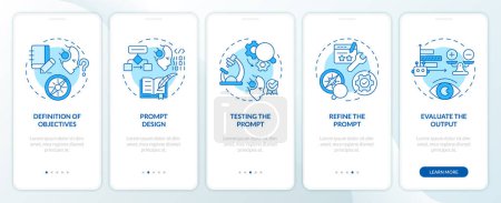 Improve prompt engineering process blue onboarding mobile app screen. Walkthrough 5 steps editable graphic instructions with linear concepts. UI, UX, GUI template. Myriad Pro-Bold, Regular fonts used 