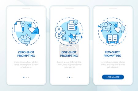 Prompt engineering methods blue onboarding mobile app screen. Walkthrough 3 steps editable graphic instructions with linear concepts. UI, UX, GUI template. Myriad Pro-Bold, Regular fonts used 