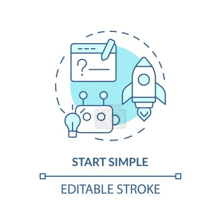 Start simple soft blue concept icon. Prompt engineering tips. Design clear instruction. Ask basic question. Round shape line illustration. Abstract idea. Graphic design. Easy to use in article