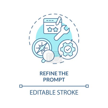 Refine prompt soft blue concept icon. Prompt engineering. Improve and rephrase instruction. Correct task. Round shape line illustration. Abstract idea. Graphic design. Easy to use in article