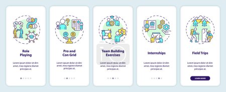 Experiential learning activity onboarding mobile app screen. Education walkthrough 5 steps editable graphic instructions with linear concepts. UI, UX, GUI template. Myriad Pro-Bold, Regular fonts used