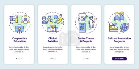 Experiential education types onboarding mobile app screen. Activities walkthrough 4 steps editable graphic instructions with linear concepts. UI, UX, GUI template. Myriad Pro-Bold, Regular fonts used