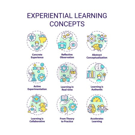 Illustration for Experiential learning multi color concept icons. Reflective practice. Accelerated learning. Team building. Icon pack. Vector images. Round shape illustrations for promotional material. Abstract idea - Royalty Free Image